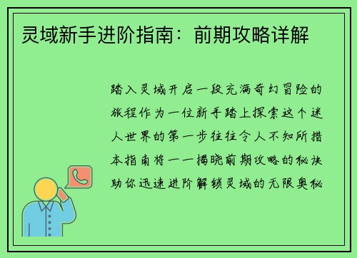 灵域新手进阶指南：前期攻略详解